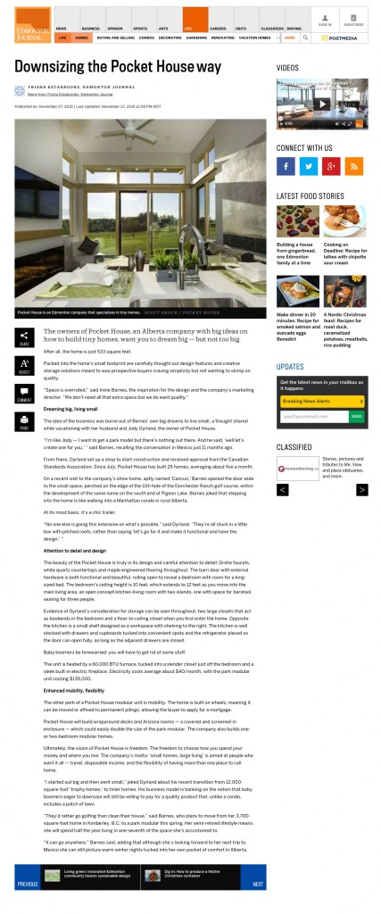 Pocket House Featured in Edmonton Journal